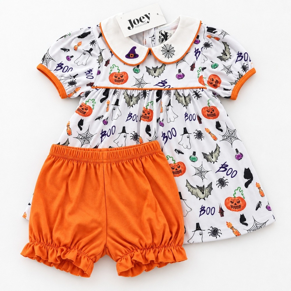 NEW Halloween 18-24M Joey Seersucker Dress Bloomers Set Pumpkin White Orange